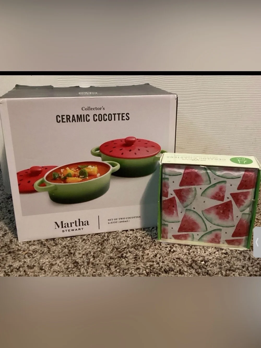 Watermelon ceramic serveware Coasters S/4, Martha Stewart Cocottes (2) Summer